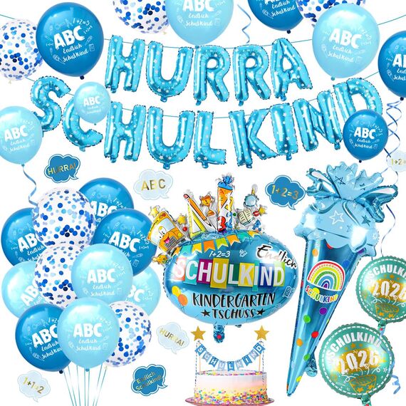 iZoeL Einschulung Deko Junge HURRA SCHULKIND Girlande + 2026 Folienballondeko + Zuckertüte Folienballon+ SCHULKIND Folienballon + 15 Luftballon + 14 Konfetti Schulanfang Deko Einschulungsdeko