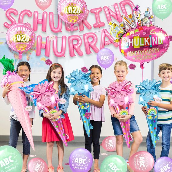 iZoeL SCHULKIND Deko Einschulung Deko Mädchen, HURRA SCHULKIND Girlande 2026 Folienballon Zuckertüte Folienballon 15 Luftballon 16 Konfetti Schulanfang Schuleinführung Deko