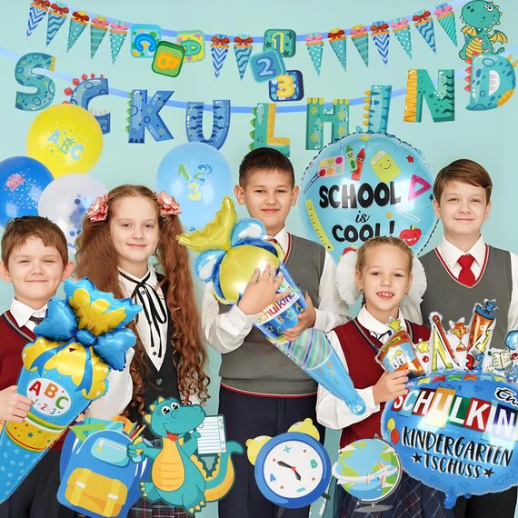 CUTLOT SCHULKIND 2026 Deko Einschulung Junge, SCHULKIND Banner, Dinosaurier Banner, 22 Latexballons, 4 Folienballon, 3 Aufkleber Schulanfang Schuleinführung Deko