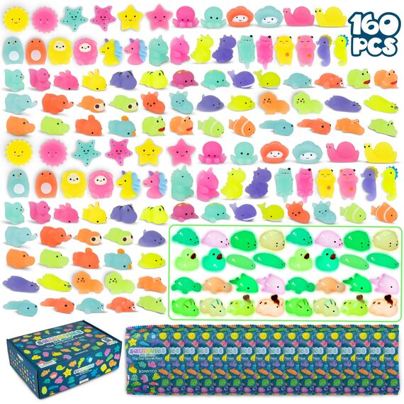 BONNYCO Mochi Squishy Set Mitgebsel Kindergeburtstag Gastgeschenke, 160 Stück Kleine Geschenke für Kinder sie Leuchten im Dunkeln. Mitbringsel Kindergeburtstag Gastgeschenk, Pinata Füllung