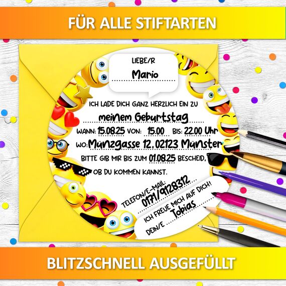 12x Smiley EINLADUNGSKARTEN KINDERGEBURTSTAG Junge Mädchen + 12x Umschläge - die Emoji PARTY Karten sind die lustige Smiley EINLADUNG für Jungen Kinder GEBURTSTAG Schulanfang Kinderparty witzig