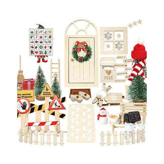 Qanmua 51 Stück Wichteltür Set, Weihnachten Elfentür, Wichtel Zubehör Im Dunkeln Leuchten, Backset, Baustelle, Adventskalender, Miniatur Wichtel Zubehör, Weihnachtsdekoration, DIY Geschenk für Kinder