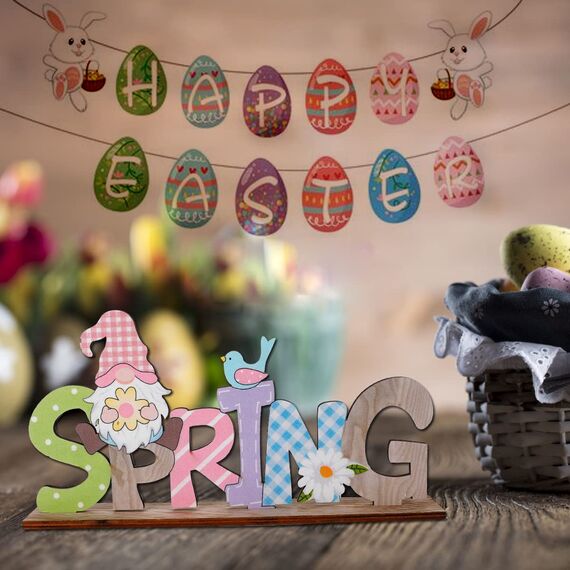 AoHkers Ostern Deko, Frühlingsdeko Osterdeko Ostern Holz Schriftzug Aufsteller mit Osterhasen, Osterdekoration Tischdeko Home Deko
