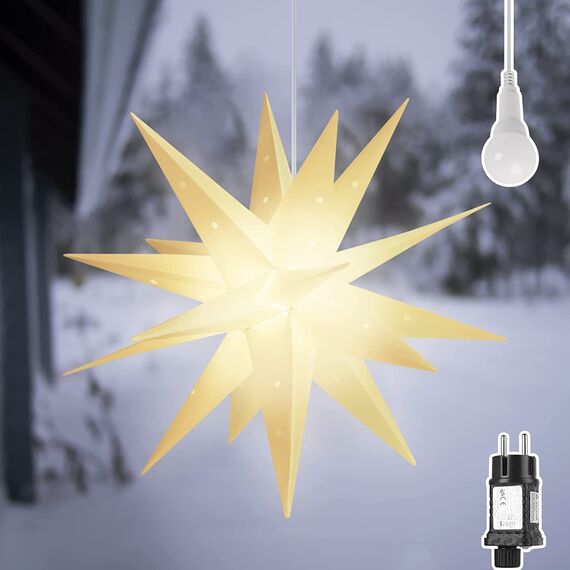 SALCAR 60cm Weihnachtsstern Beleuchtet Außen, 3D XXL Leuchtstern Fenster Innen zum Aufhängen, Adventsstern Fenster Weihnachtsdekoration Outdoor, Warmweiß