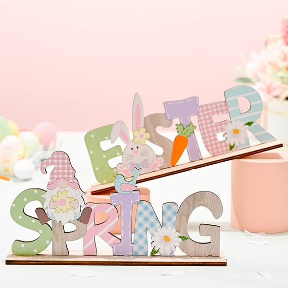 AoHkers Ostern Deko, Frühlingsdeko Osterdeko Ostern Holz Schriftzug Aufsteller mit Osterhasen, Osterdekoration Tischdeko Home Deko