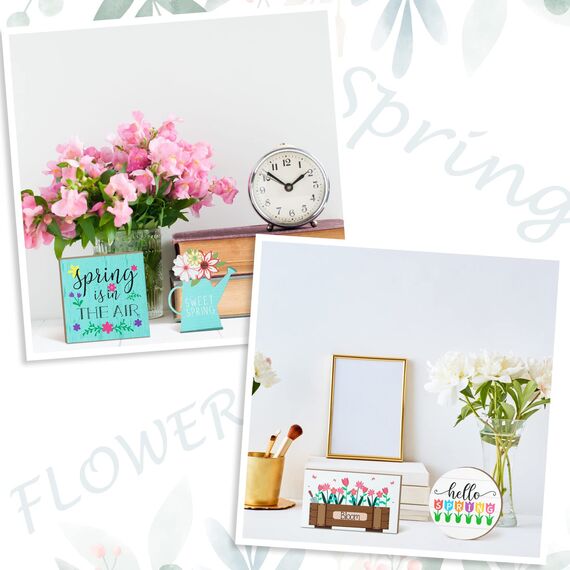 4 Stück Hello Spring Happy Easter gestuftes Tablett Dekorationen Bauernhaus Mini Holz Dekor Küche Dekor Etagere Tablett Dekor Frische Blume Zuhause 3DSchilder für Ostern Frühling Party Ebene Tablett