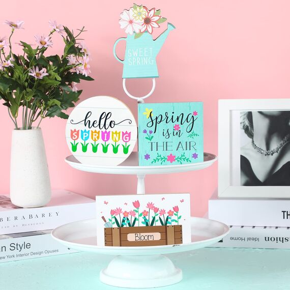 4 Stück Hello Spring Happy Easter gestuftes Tablett Dekorationen Bauernhaus Mini Holz Dekor Küche Dekor Etagere Tablett Dekor Frische Blume Zuhause 3DSchilder für Ostern Frühling Party Ebene Tablett