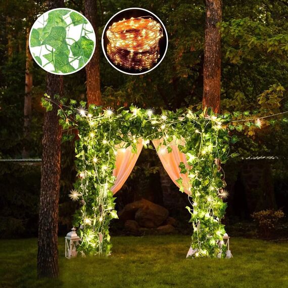 25m 12 Stück künstlicher efeu Blätter Girlande Künstlich Gefälschte Pflanzen mit 100 LEDs Lichterkette blätter für Home Garten Hochzeit Weihnachtsdekoration Gefälschte Grün Decor