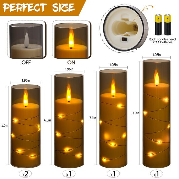 Da by LED Kerzen mit Eingelassener Lichterkette，Batteriebetriebene Kerzen mit Fernbedienung und 24 Stunde Timer，Flackernde Led Kerzen Für Weihnachtsdekoration Heimdekoration(Grau, 5er-Set)