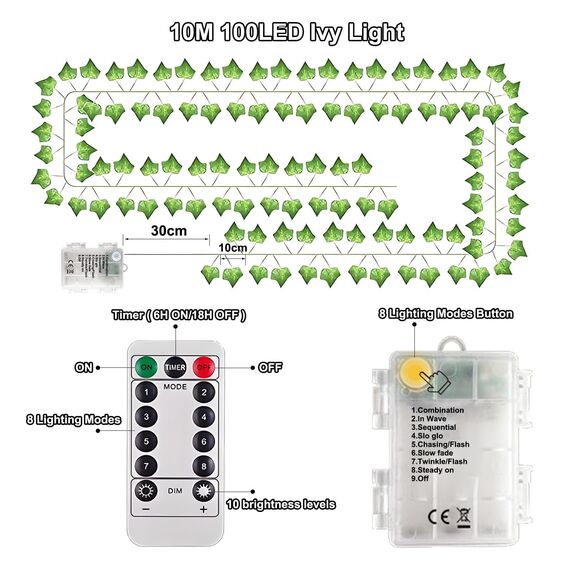 Dekofun Efeu Lichterkette Batterie,10M 100 LED Efeu Künstlich mit Fernbedienung, Timer, 8 Modi Lichterkette, Fake Efeu Girlande für Zimmer Balkon Aesthetic Room Wand Frühling Innen Outdoor Deko