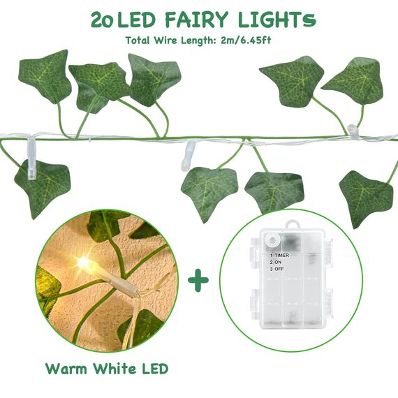 Gcstnn LED Lichterkette Efeu Künstlich, 2M 20LED Grüne Efeu-Lichterkette Girlande, IP65 Wasserdicht Batteriebetrieben mit Timing-Funktion, für Hängend Pflanzen, Zimmer, Wand, Weihnachtsdekoration.