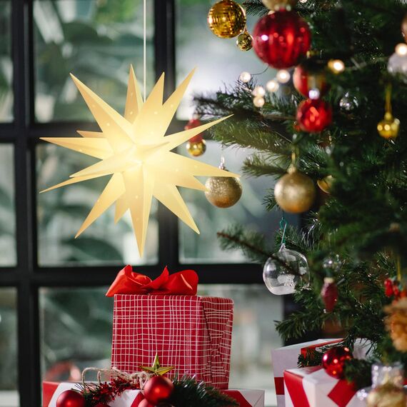 SALCAR 60cm Weihnachtsstern Beleuchtet Außen, 3D XXL Leuchtstern Fenster Innen zum Aufhängen, Adventsstern Fenster Weihnachtsdekoration Outdoor, Warmweiß