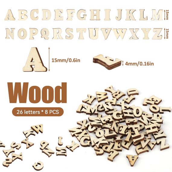 208 Stück Holzbuchstaben, 15mm Buchstaben Holz, Holzbuchstaben zum Basteln, Unbearbeitete Holz Buchstaben Deko, Holzbuchstaben Klein (A-Z), Scrabble Deko für Basteln, Hochzeit, Weihnachtsdekoration