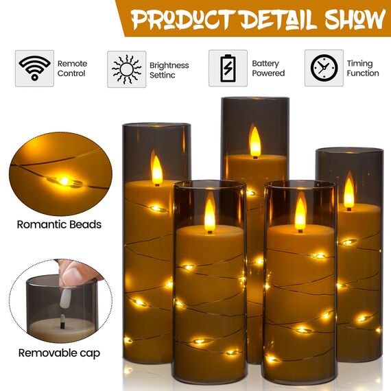 Da by LED Kerzen mit Eingelassener Lichterkette，Batteriebetriebene Kerzen mit Fernbedienung und 24 Stunde Timer，Flackernde Led Kerzen Für Weihnachtsdekoration Heimdekoration(Grau, 5er-Set)