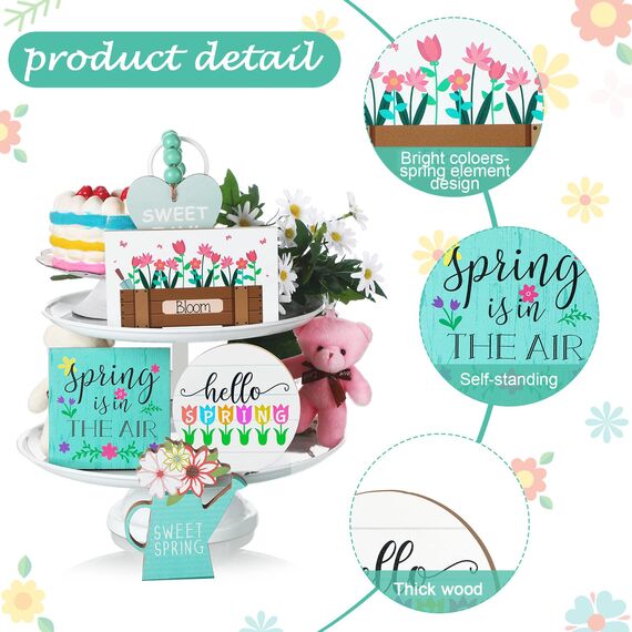 4 Stück Hello Spring Happy Easter gestuftes Tablett Dekorationen Bauernhaus Mini Holz Dekor Küche Dekor Etagere Tablett Dekor Frische Blume Zuhause 3DSchilder für Ostern Frühling Party Ebene Tablett