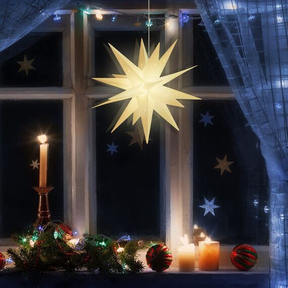 SALCAR 60cm Weihnachtsstern Beleuchtet Außen, 3D XXL Leuchtstern Fenster Innen zum Aufhängen, Adventsstern Fenster Weihnachtsdekoration Outdoor, Warmweiß