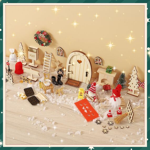 Fulasofia Wichteltür Set 64 PCS, Wichtel Zubehör Weihnachten, Wichtel Baustelle Set, Weihnachtswichtel Set, Miniatur Wichtel Zubehör, Weihnachtsdekoration mit Miniatur Briefkästen, Zäun, Kranz