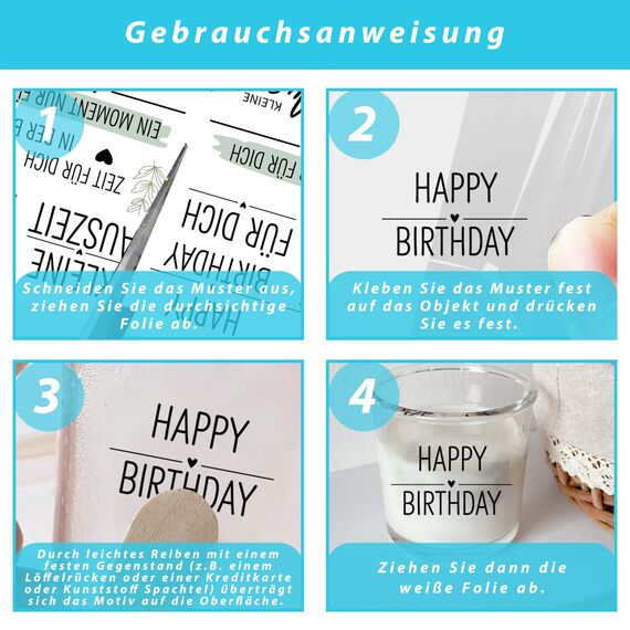 FloraVigo Rub On Sticker ca.A5 19x14cm-Spruch Deko zum Geburtstag, Keraflott, Hochzeit, Zuhause, Wischfolie für Möbel, Glas, Holz, Fotoalbum, DIY Deko, Aufkleberästhetik(4PCS) (KLEINE AUSZEIT)