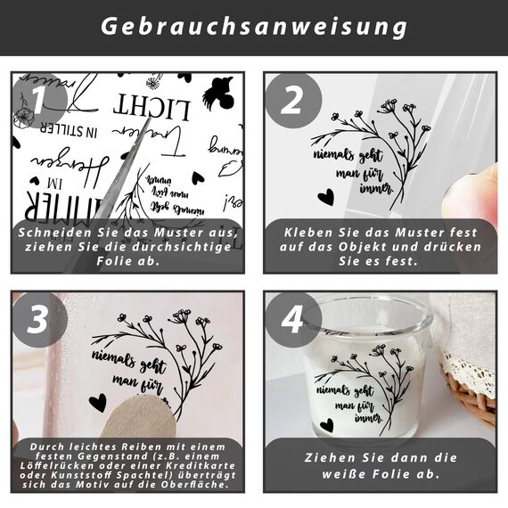 FloraVigo Rub On Sticker ca.A5 19x14cm-Spruch Deko zum Geburtstag, Keraflott, Hochzeit, Zuhause, Wischfolie für Möbel, Glas, Holz, Fotoalbum, DIY Deko, Aufkleberästhetik(4PCS) (TRAUER)