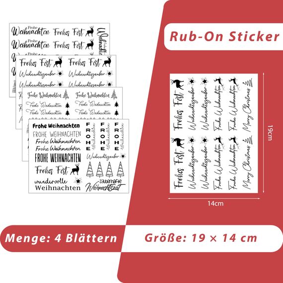 FloraVigo Rub On Sticker ca.A5 19x14cm-Abwischbare Folie für Weihnachtsdekoration, Keraflott, Zuhause, Möbel, Glas, Holz, Fotoalbum, DIY-Dekoration, Aufkleberästhetik(4PCS) (FROHE WEIHNACHTEN2)