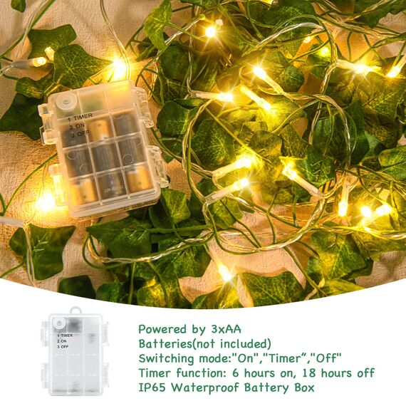 Gcstnn LED Lichterkette Efeu Künstlich, 2M 20LED Grüne Efeu-Lichterkette Girlande, IP65 Wasserdicht Batteriebetrieben mit Timing-Funktion, für Hängend Pflanzen, Zimmer, Wand, Weihnachtsdekoration.