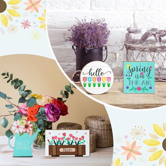 4 Stück Hello Spring Happy Easter gestuftes Tablett Dekorationen Bauernhaus Mini Holz Dekor Küche Dekor Etagere Tablett Dekor Frische Blume Zuhause 3DSchilder für Ostern Frühling Party Ebene Tablett