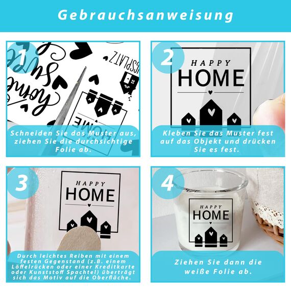 FloraVigo Rub On Sticker ca.A5 19x14cm-Spruch Deko zum Geburtstag, Keraflott, Hochzeit, Zuhause, Wischfolie für Möbel, Glas, Holz, Fotoalbum, DIY Deko, Aufkleberästhetik(4PCS) (Home)