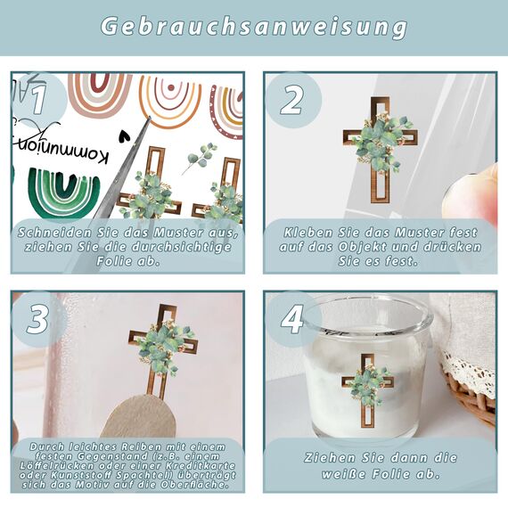 FloraVigo Rub On Sticker ca.A5 19x14cm-Spruch Deko zum Geburtstag, Keraflott, Hochzeit, Zuhause, Wischfolie für Möbel, Glas, Holz, Fotoalbum, DIY Deko, Aufkleberästhetik(4PCS) (Kommunion)