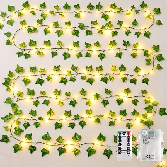 Dekofun Efeu Lichterkette Batterie,10M 100 LED Efeu Künstlich mit Fernbedienung, Timer, 8 Modi Lichterkette, Fake Efeu Girlande für Zimmer Balkon Aesthetic Room Wand Frühling Innen Outdoor Deko