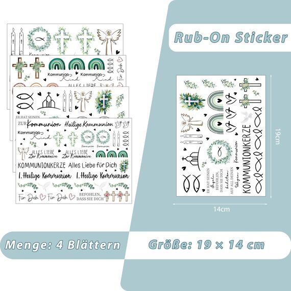 FloraVigo Rub On Sticker ca.A5 19x14cm-Spruch Deko zum Geburtstag, Keraflott, Hochzeit, Zuhause, Wischfolie für Möbel, Glas, Holz, Fotoalbum, DIY Deko, Aufkleberästhetik(4PCS) (Kommunion)