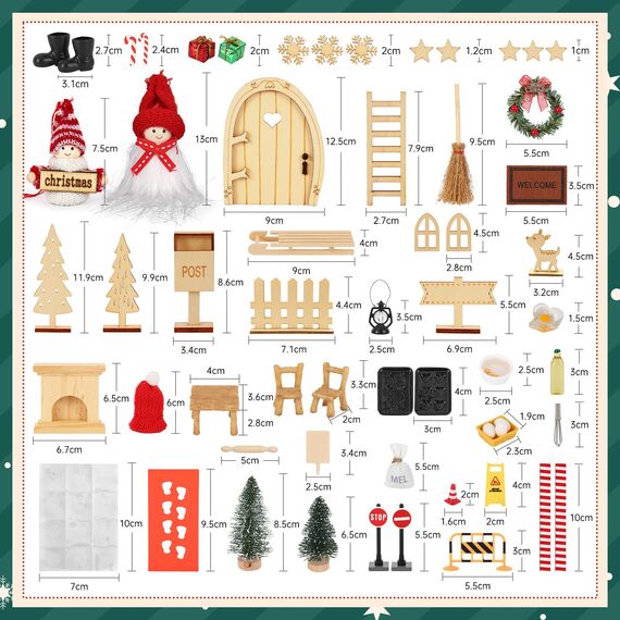 Fulasofia Wichteltür Set 64 PCS, Wichtel Zubehör Weihnachten, Wichtel Baustelle Set, Weihnachtswichtel Set, Miniatur Wichtel Zubehör, Weihnachtsdekoration mit Miniatur Briefkästen, Zäun, Kranz