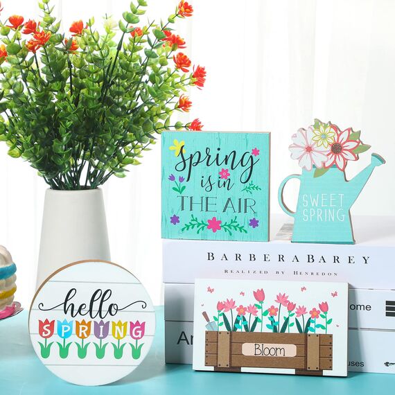 4 Stück Hello Spring Happy Easter gestuftes Tablett Dekorationen Bauernhaus Mini Holz Dekor Küche Dekor Etagere Tablett Dekor Frische Blume Zuhause 3DSchilder für Ostern Frühling Party Ebene Tablett