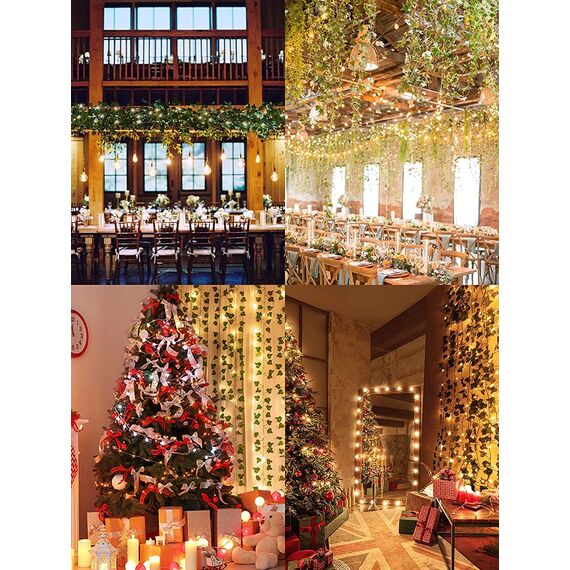 25m 12 Stück künstlicher efeu Blätter Girlande Künstlich Gefälschte Pflanzen mit 100 LEDs Lichterkette blätter für Home Garten Hochzeit Weihnachtsdekoration Gefälschte Grün Decor