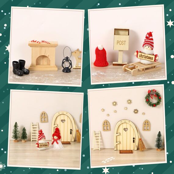 Fulasofia Wichteltür Set 64 PCS, Wichtel Zubehör Weihnachten, Wichtel Baustelle Set, Weihnachtswichtel Set, Miniatur Wichtel Zubehör, Weihnachtsdekoration mit Miniatur Briefkästen, Zäun, Kranz