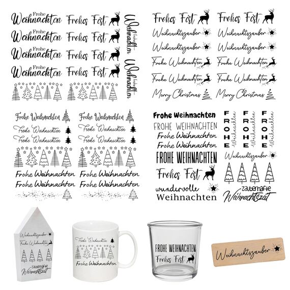 FloraVigo Rub On Sticker ca.A5 19x14cm-Abwischbare Folie für Weihnachtsdekoration, Keraflott, Zuhause, Möbel, Glas, Holz, Fotoalbum, DIY-Dekoration, Aufkleberästhetik(4PCS) (FROHE WEIHNACHTEN2)