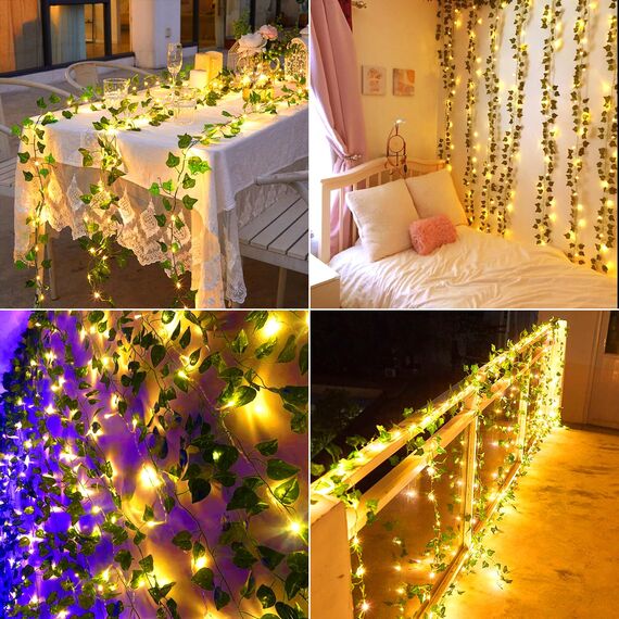 Gcstnn LED Lichterkette Efeu Künstlich, 2M 20LED Grüne Efeu-Lichterkette Girlande, IP65 Wasserdicht Batteriebetrieben mit Timing-Funktion, für Hängend Pflanzen, Zimmer, Wand, Weihnachtsdekoration.