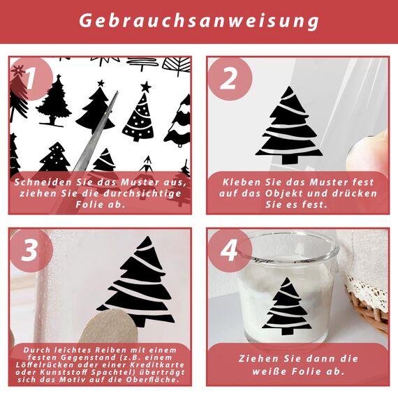FloraVigo Rub On Sticker ca.A5 19x14cm-Abwischbare Folie für Weihnachtsdekoration, Keraflott, Zuhause, Möbel, Glas, Holz, Fotoalbum, DIY-Dekoration, Aufkleberästhetik(4PCS) (TANNENBAUM)