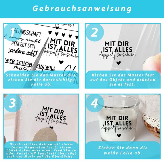 FloraVigo Rub On Sticker ca.A5 19x14cm-Spruch Deko zum Geburtstag, Keraflott, Hochzeit, Zuhause, Wischfolie für Möbel, Glas, Holz, Fotoalbum, DIY Deko, Aufkleberästhetik(4PCS) (SCHÖNE SPRÜCHE)