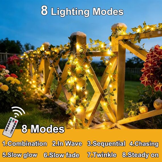 Dekofun Efeu Lichterkette Batterie,10M 100 LED Efeu Künstlich mit Fernbedienung, Timer, 8 Modi Lichterkette, Fake Efeu Girlande für Zimmer Balkon Aesthetic Room Wand Frühling Innen Outdoor Deko