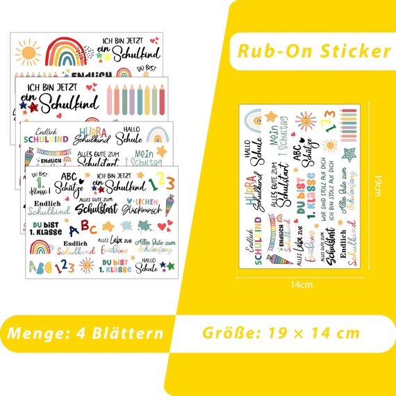 FloraVigo Rub On Sticker ca.A5 19x14cm-Spruch Deko zum Geburtstag, Keraflott, Hochzeit, Zuhause, Wischfolie für Möbel, Glas, Holz, Fotoalbum, DIY Deko, Aufkleberästhetik-(4PCS) (Schulkind)
