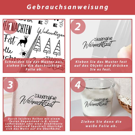 FloraVigo Rub On Sticker ca.A5 19x14cm-Abwischbare Folie für Weihnachtsdekoration, Keraflott, Zuhause, Möbel, Glas, Holz, Fotoalbum, DIY-Dekoration, Aufkleberästhetik(4PCS) (FROHE WEIHNACHTEN2)