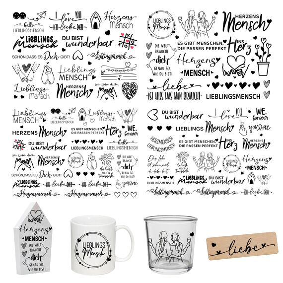 FloraVigo Rub On Sticker ca.A5 19x14cm-Spruch Deko zum Geburtstag, Keraflott, Hochzeit, Zuhause, Wischfolie für Möbel, Glas, Holz, Fotoalbum, DIY Deko, Aufkleberästhetik(4PCS) (Herzensmensch)