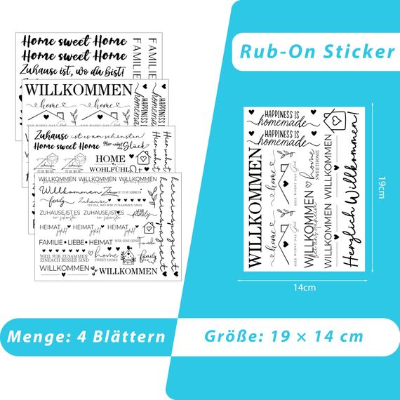 FloraVigo Rub On Sticker ca.A5 19x14cm-Spruch Deko zum Geburtstag, Keraflott, Hochzeit, Zuhause, Wischfolie für Möbel, Glas, Holz, Fotoalbum, DIY Deko, Aufkleberästhetik(4PCS) (Zuhause Home)