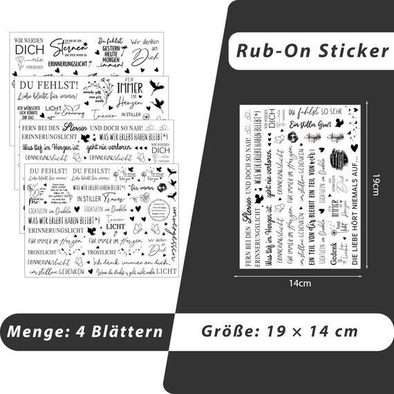 FloraVigo Rub On Sticker ca.A5 19x14cm-Spruch Deko zum Geburtstag, Keraflott, Hochzeit, Zuhause, Wischfolie für Möbel, Glas, Holz, Fotoalbum, DIY Deko, Aufkleberästhetik(4PCS) (TRAUER)