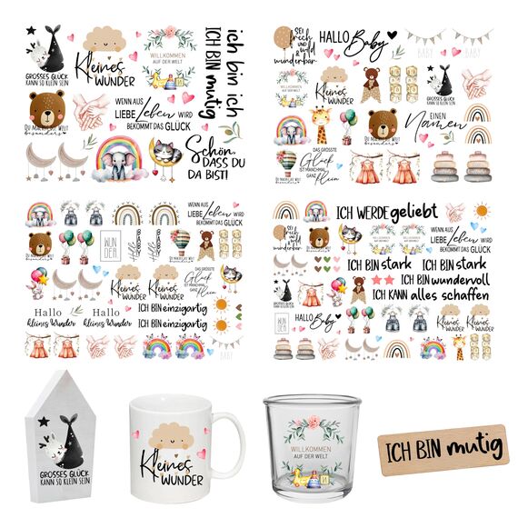FloraVigo Rub On Sticker ca.A5 19x14cm-Spruch Deko zum Geburtstag, Keraflott, Hochzeit, Zuhause, Wischfolie für Möbel, Glas, Holz, Fotoalbum, DIY Deko, Aufkleberästhetik(4PCS) (Hallo Baby)