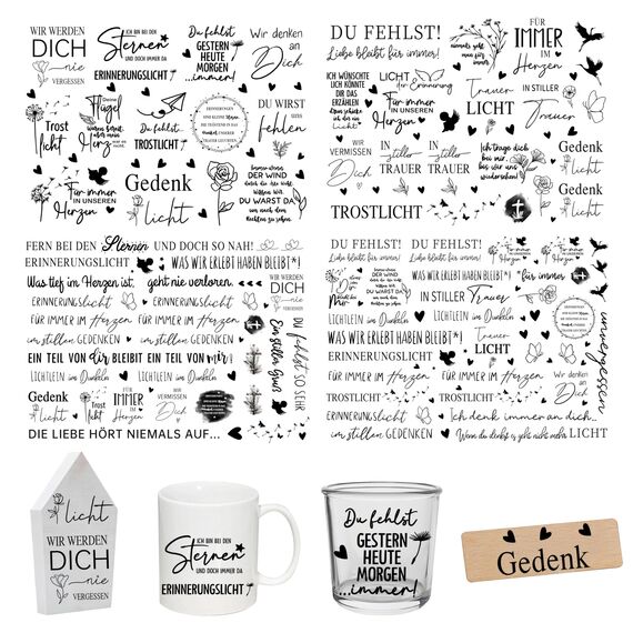 FloraVigo Rub On Sticker ca.A5 19x14cm-Spruch Deko zum Geburtstag, Keraflott, Hochzeit, Zuhause, Wischfolie für Möbel, Glas, Holz, Fotoalbum, DIY Deko, Aufkleberästhetik(4PCS) (TRAUER)