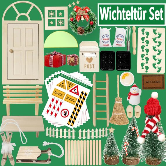 Qanmua 51 Stück Wichteltür Set, Weihnachten Elfentür, Wichtel Zubehör Im Dunkeln Leuchten, Backset, Baustelle, Adventskalender, Miniatur Wichtel Zubehör, Weihnachtsdekoration, DIY Geschenk für Kinder