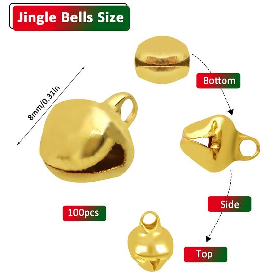 Kleine Glocken zum Basteln, 100 Stück Jingle Bells, 12 mm Glöckchen Gold, Mini-Glöckchen Weihnachtsschmuck für Schmuckherstellung Weihnachten Dekoration DIY (Gold)