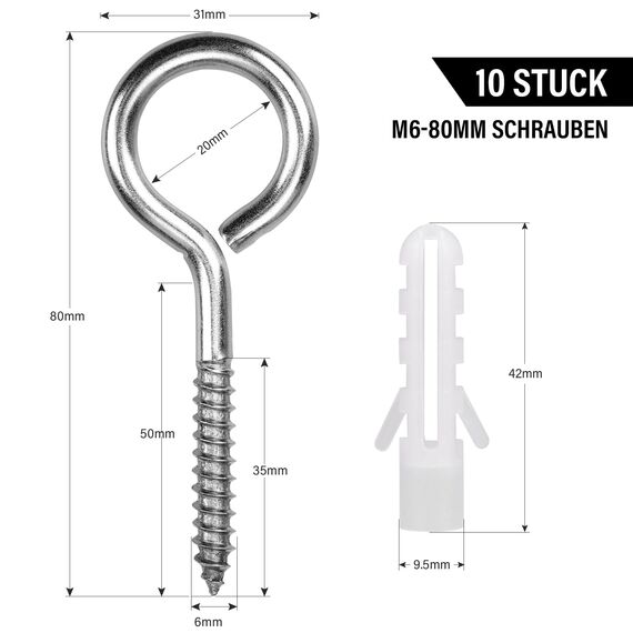 HATANSE 10 Stück Ösenschraube Edelstahl M6 x 80mm Heavy Duty Schraubösen, Große Ringschrauben Ösenhaken Schraubhaken für Hängematten, Markisen, Schaukelstühle, Festkabel, Blumenampel, Silber