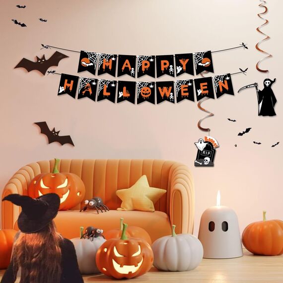 AMLOOPH Halloween Deko Innen Set - Gruselige Party Dekoration Mit Wiederverwendbarer Girlande, Banner, Luftballons, Fledermaus, Geist, Kürbis für Türdeko